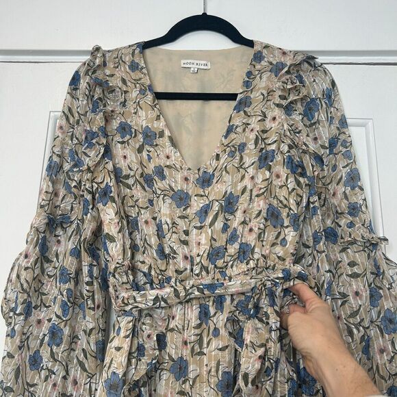 Anthropologie Moon River Blue Floral Midi Dress Tie Waist Ruffle Size Small - Picture 3 of 6